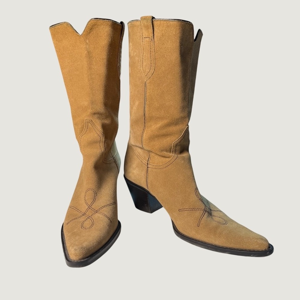 Franco Sarto Western Boots 9M Tan Suede Pointed Toe Block Heel Pull On Brazil